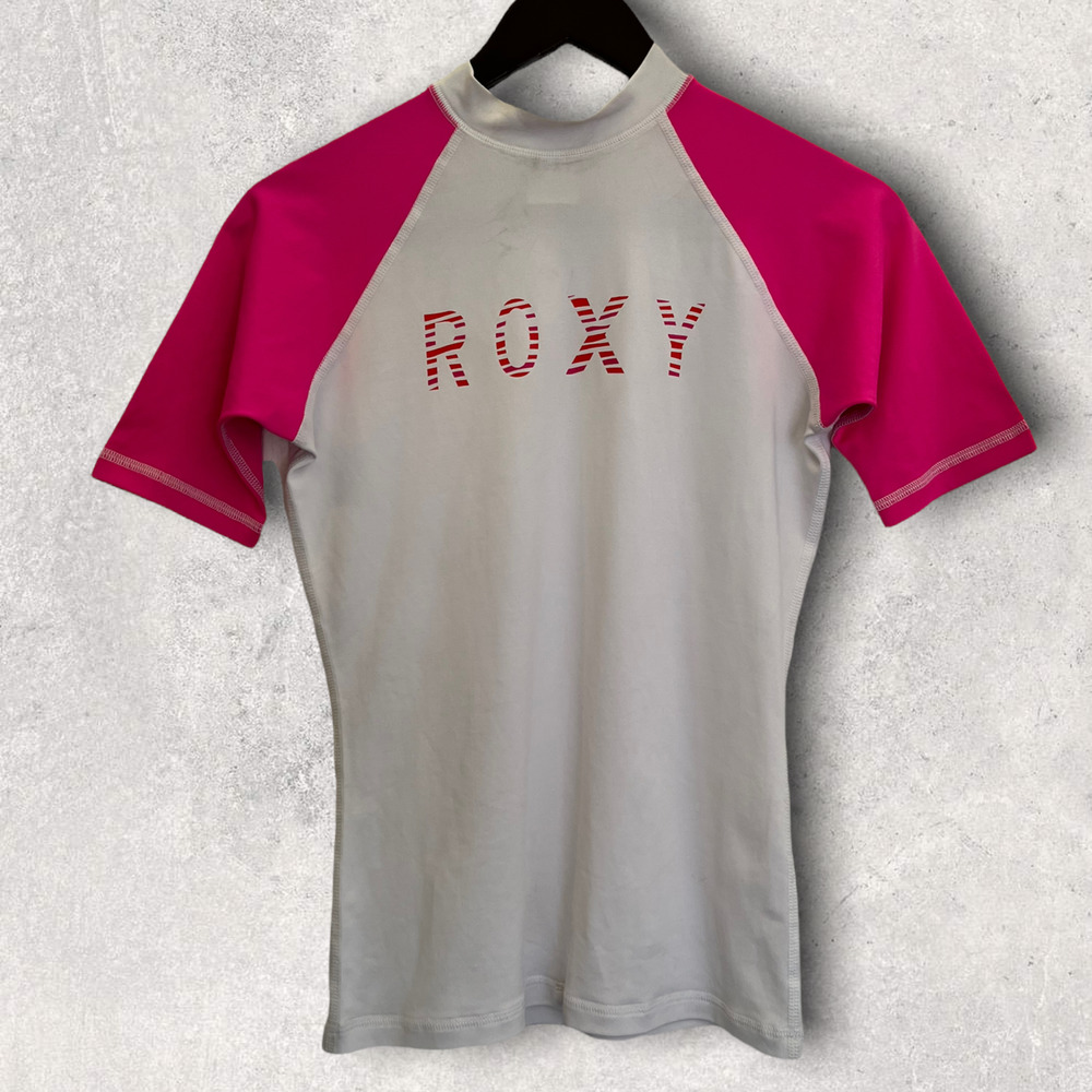Girls ROXY swim shirt UV protection rash guard size Small 8 white pink